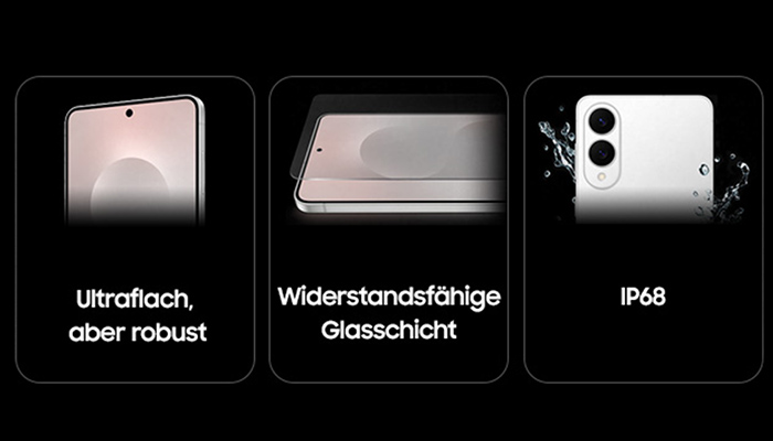 Drei Handy-Ansichten: Vorder-, Seiten- und Rückseite, mit Text „Ultraflach, aber robust“, „Widerstandsfähige Glasschicht“ und „IP68“.