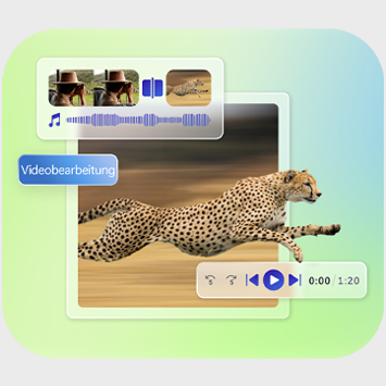Eine Illustration zur Videobearbeitung, auf der ein schnell rennender Gepard in einem Videoausschnitt zu sehen ist. Darüber liegen Symbole für Tonspuren, Videoschnitte und ein Play-Button. Das Wort „Videobearbeitung“ ist als schwebendes Label integriert.