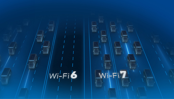 Auf blauem Grund: Autos auf Straßen, beschriftet mit "Wi-Fi 6" und "Wi-Fi 7", dargestellt als Datenfluss.