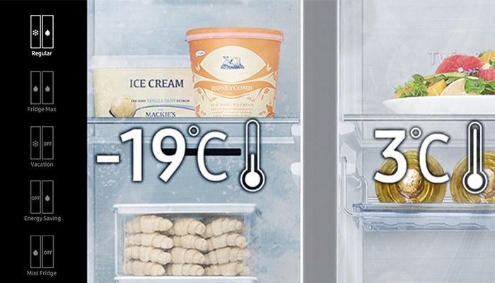 Ein Kühlschrank zeigt -19 Grad mit Eis und 3 Grad mit Salat und eingelegten Zwiebeln. Links sind Kühlschrankeinstellungen.