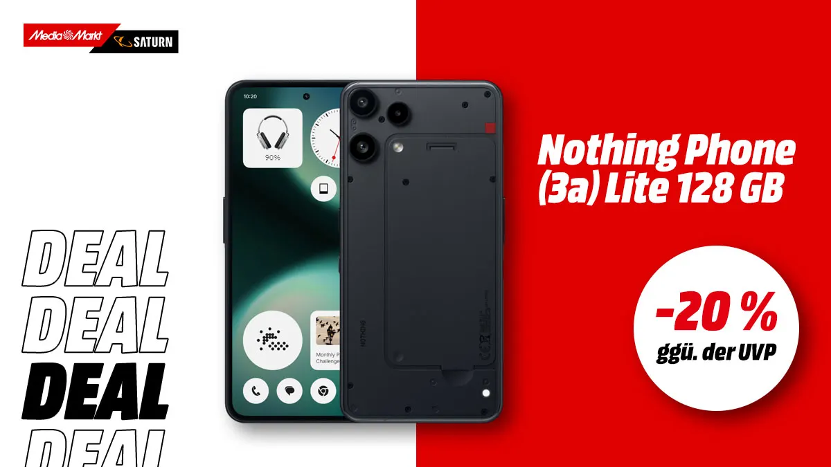 Nothing Phone 3A Lite 128GB und Hinweis auf 20 Prozent Rabatt gegenüber UVP auf buntem Hintergrund.