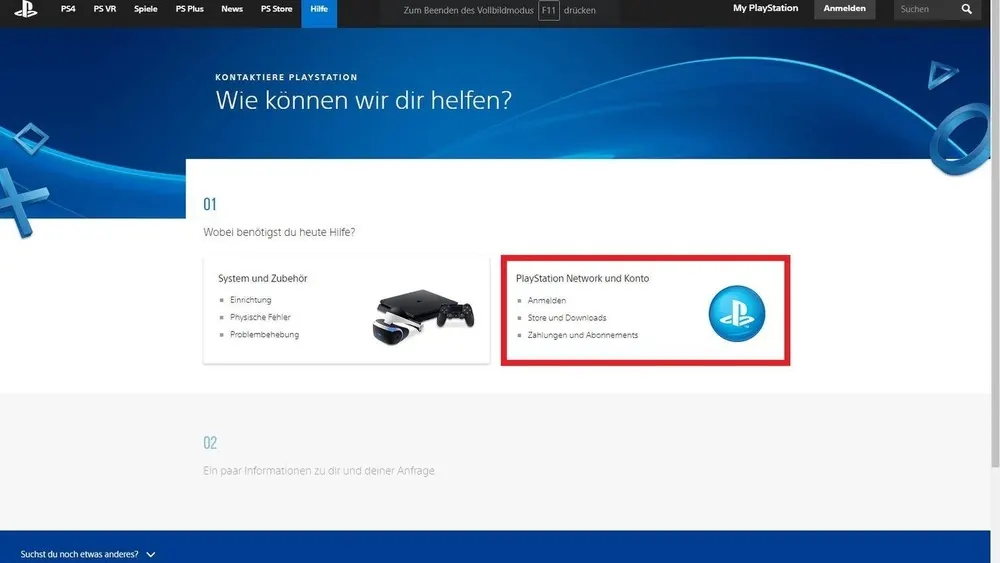 Playstation-Hilfeseite mit Menüs, Texten und dem blauen Playstation-Logo. Es gibt Auswahlmöglichkeiten für System und Netzwerk.