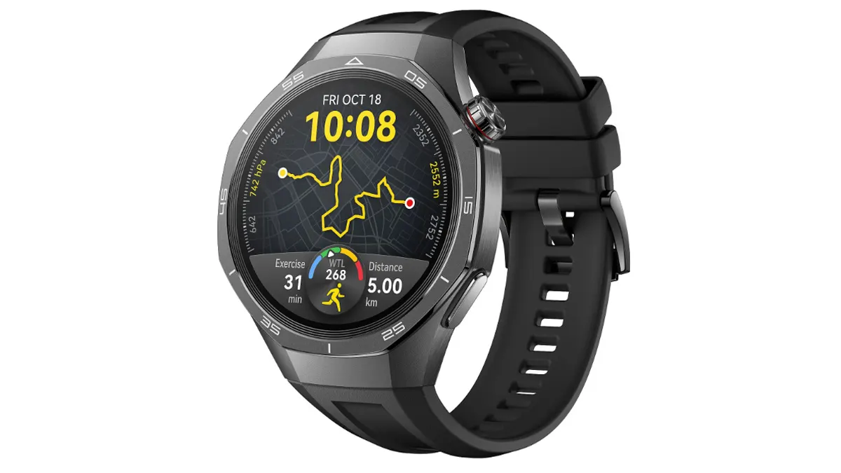 Die schwarze Huawei Watch GT5 Pro auf weißem Hintergrund.