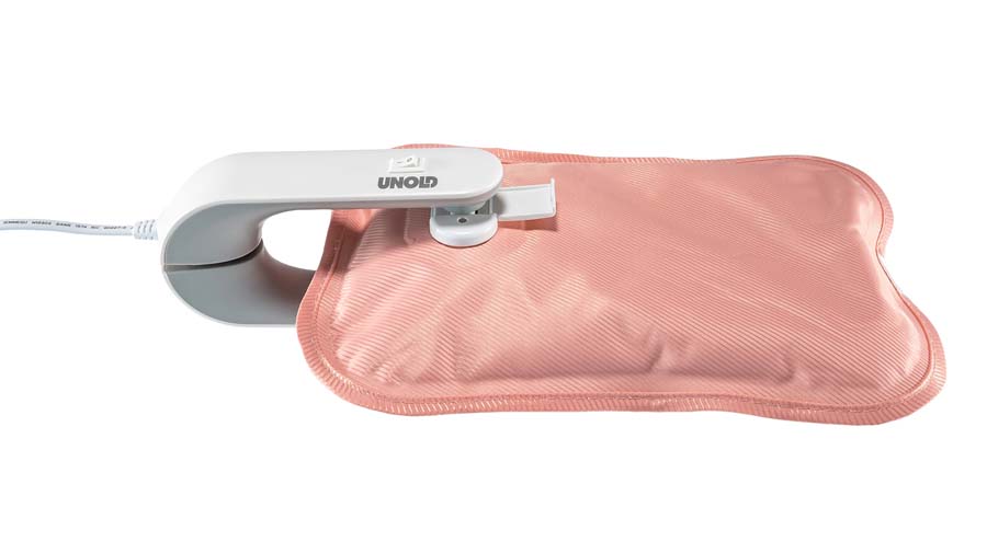 Ein rosafarbenes Heizkissen mit einem weißen Unold-Controller und Kabel auf einem weißen Hintergrund.