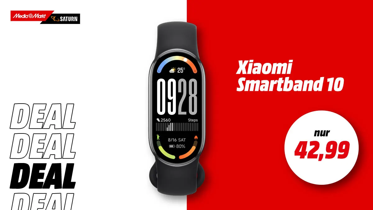 Das Xiaomi Smartband 10 und Hinweis auf Aktionspreis 42,99 Euro.