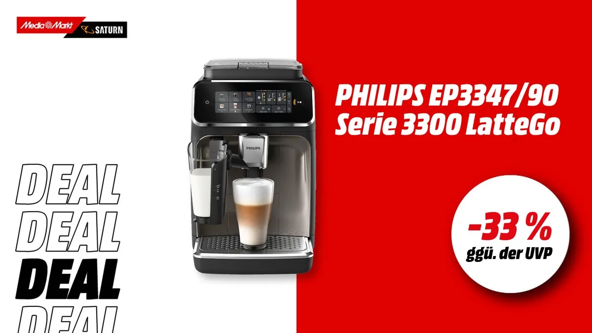 Philips EP3347/90 Serie 3300 LatteGo Kaffeevollautomat in Matt-Schwarz mit Silber-Akzenten und Edelstahl-Abtropfschale