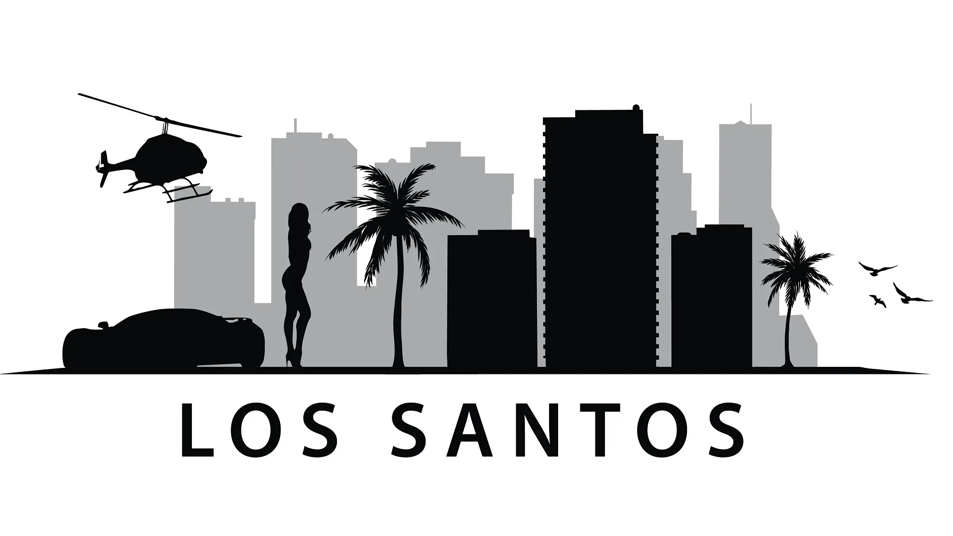 Silhouette von Los Santos zeigt Hubschrauber, Auto, Frau, Palmen, Vögel und Gebäude vor weißem Hintergrund.