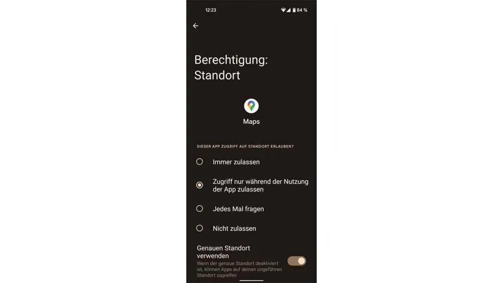 Smartphone-Display mit Standortberechtigungsoptionen für "Maps": Immer, nur während Nutzung, jedes Mal fragen, nicht zulassen.
