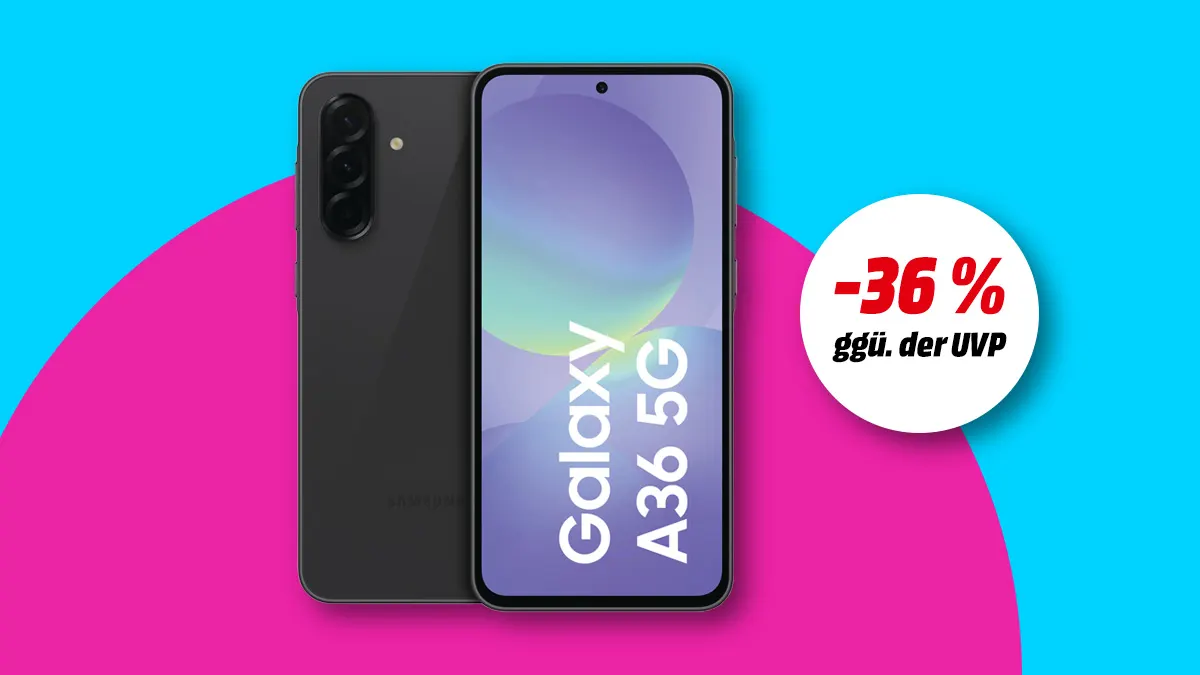 Samsung Galaxy A36 5G, Hinweis auf 36 Prozent Rabatt gegenüber UVP auf buntem Hintergrund.