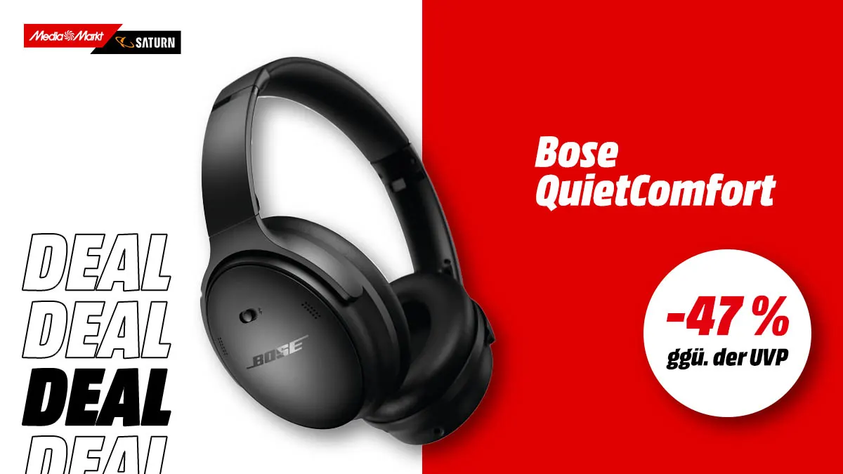 Die Bose Kopfhörer und Hinweis auf 47 Prozent Rabatt gegenüber der UVP auf weiß-rotem Hintergrund.