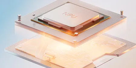 Silberne NPU-Chip-Komponenten liegen übereinander, verbunden durch Schrauben auf hellblauem Hintergrund. Die untere Platte ist mit Leitungen versehen.