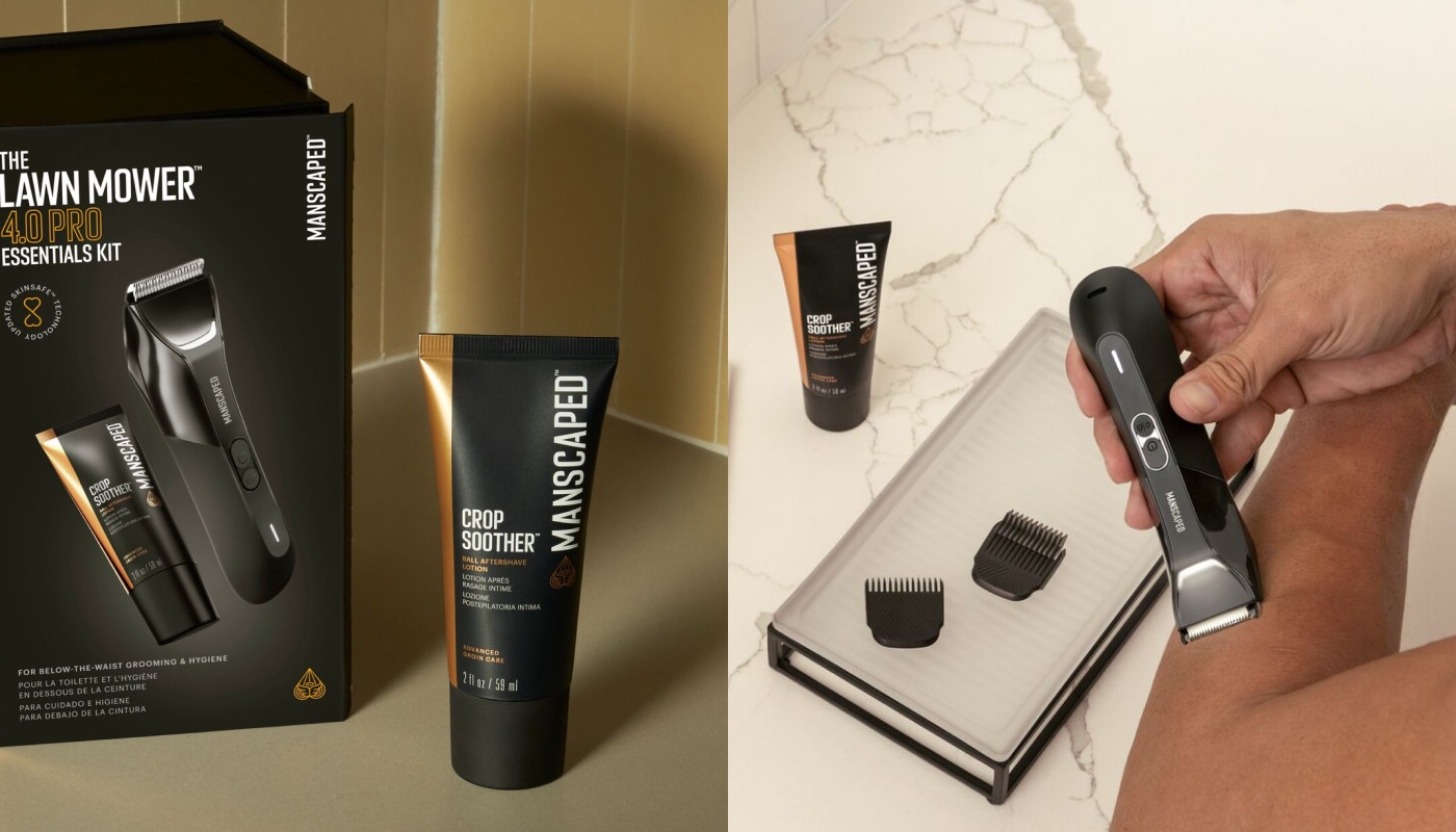Pflegeprodukte von Manscaped: Trimmer, Lotion und Zubehör auf Oberflächen. Eine Hand hält den Trimmer.