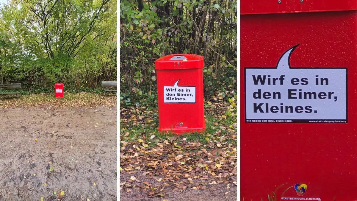 Eine Collage zeigt drei Fotos eines öffentlichen Mülleimers in unterschiedlichen Vergrößerungen.