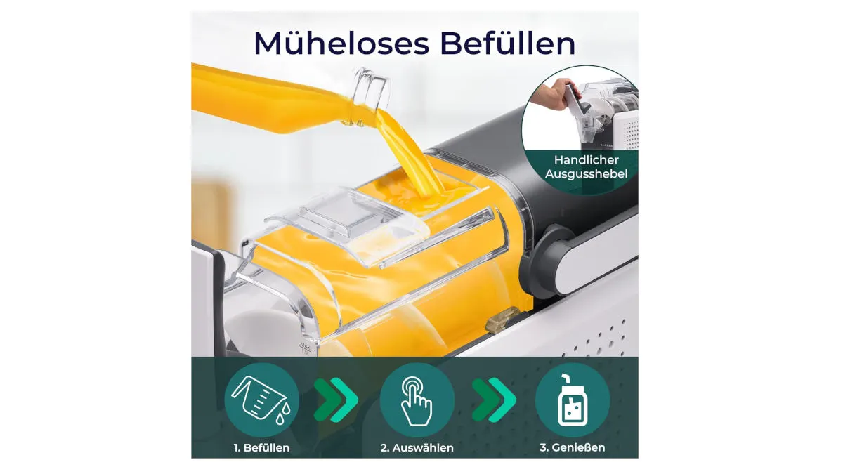 Eine grafische Darstellung zeigt, wie Zutaten in die Klamer Slush Maschine eingefüllt werden.