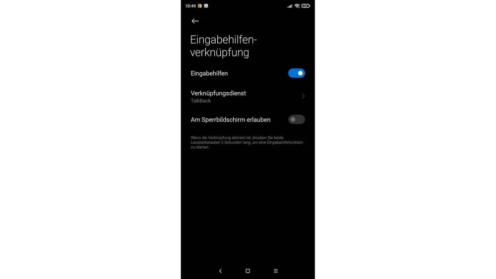 Schwarzer Smartphone-Bildschirm mit dem Menü "Eingabehilfen-Verknüpfung", Optionen für Eingabehilfen und TalkBack sind sichtbar.