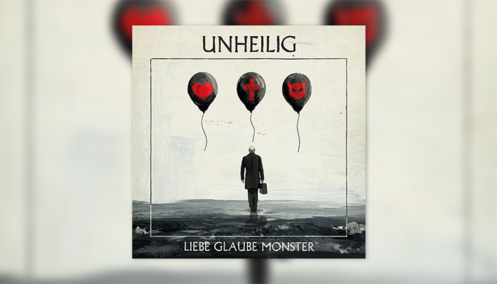 Cover-Artwork von Unheilig mit dem Titel „Liebe Glaube Monster“ und einem Mann, über dem drei schwarze Luftballons mit roten Symbolen schweben.
