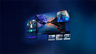 Mehrere Bildschirme zeigen Videos und Grafiken auf einem dunkelblauen Hintergrund. Die Bildschirme sind übereinander angeordnet.