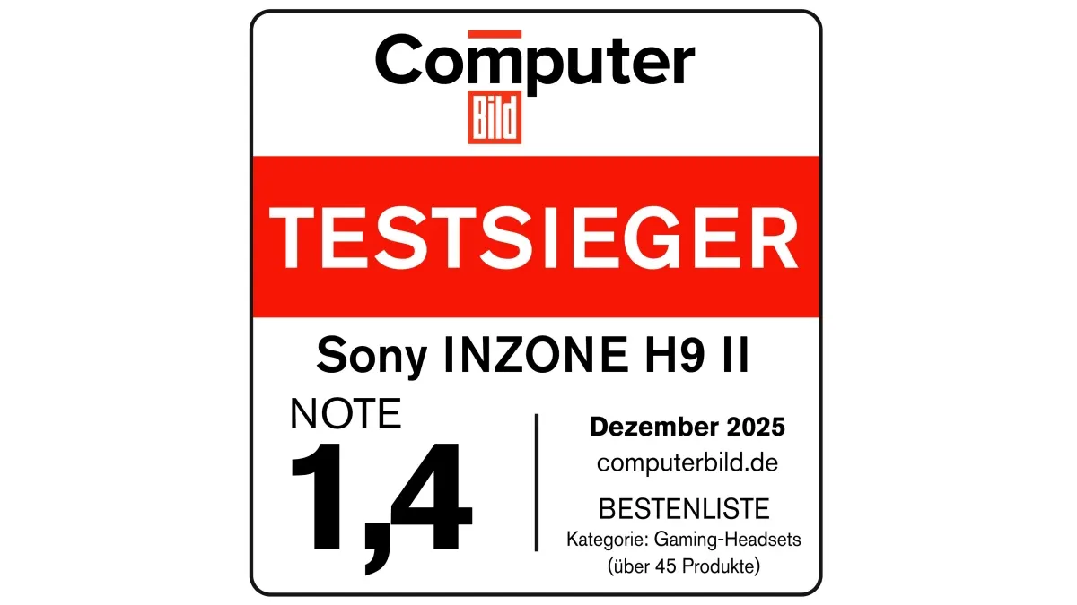 Computer-Bild-Award zeichnet das Sony Inzone H9 II als Testsieger aus mit der Note 1,4. Test vom Dezember 2025, computerbild.de, Bestenliste Kategorie Gaming-Headsets mit über 45 Produkten.