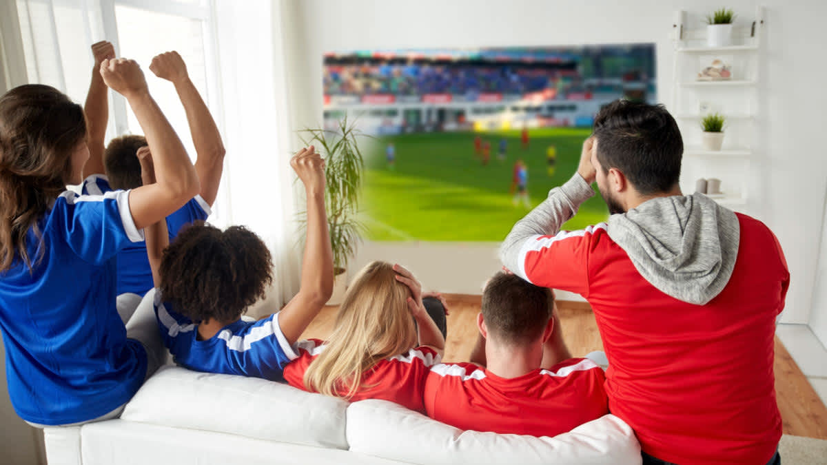 Fußball-Fans schauen gemeinsam ein Fußballspiel im Fernsehen.