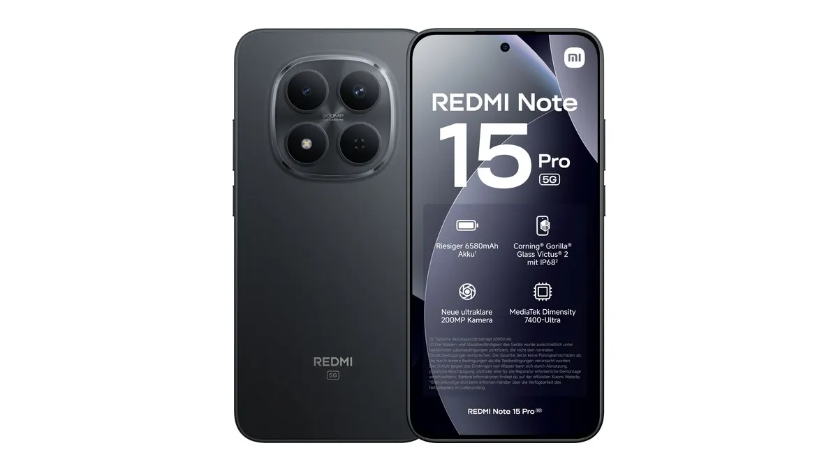 Das Xiaomi Redmi Note 15 Pro 5G vor einem weißen Hintergrund.