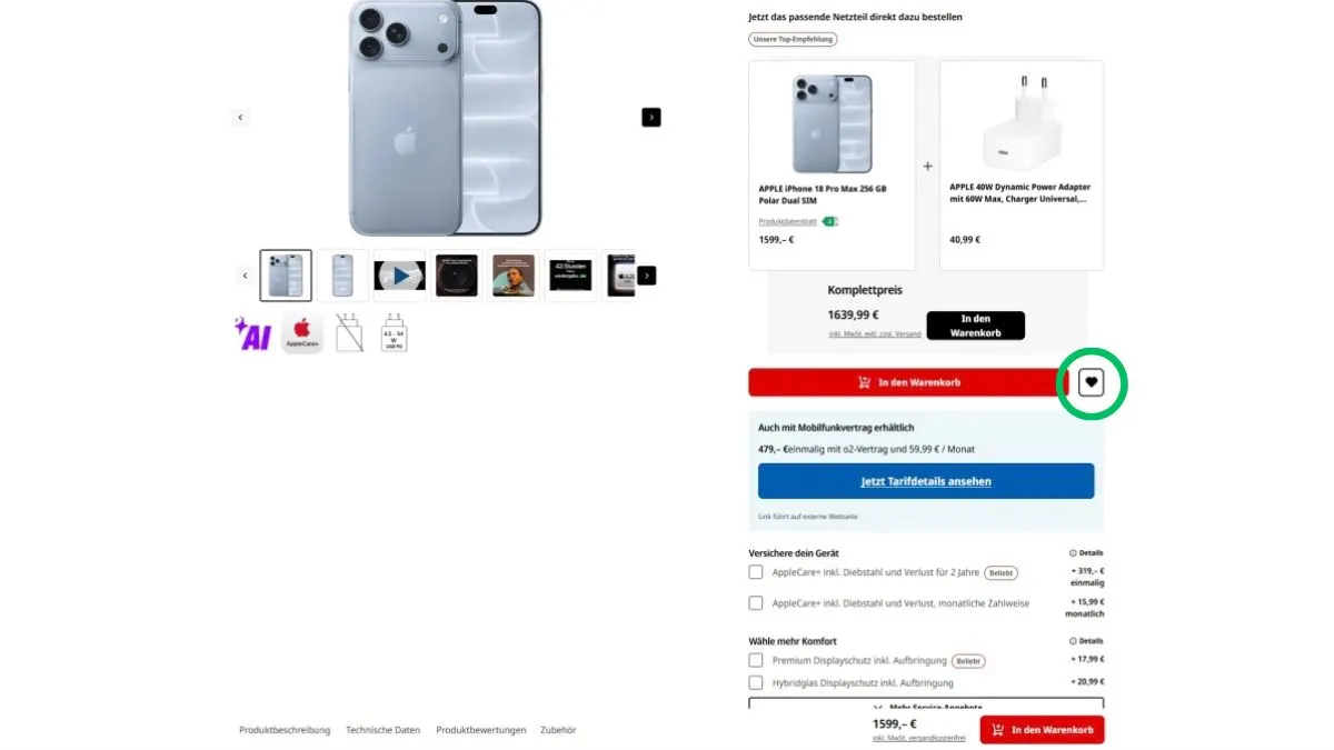 Screenshot der Produktseite des Apple iPhone 18 Pro Max auf talheim.live, das Herz neben dem Warenkorb-Button in der Mitte ist mit einem grünen Kreis markiert.