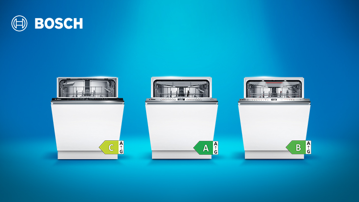 Drei weiße Geschirrspüler von Bosch stehen nebeneinander vor blauem Hintergrund mit Energieeffizienzklasse-Label C, A, B. Bosch-Logo oben links.