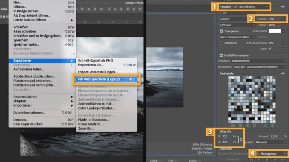 Screenshot von Adobe Photoshop mit Menüs und Einstellungen für den Export von Dateien für das Web. Die Menüs sind hervorgehoben.