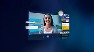 Ein Fenster zeigt eine Frau mit einer Jacke. Überlagerte Chatfenster und App-Symbole sind sichtbar. Der Hintergrund ist dunkelblau.