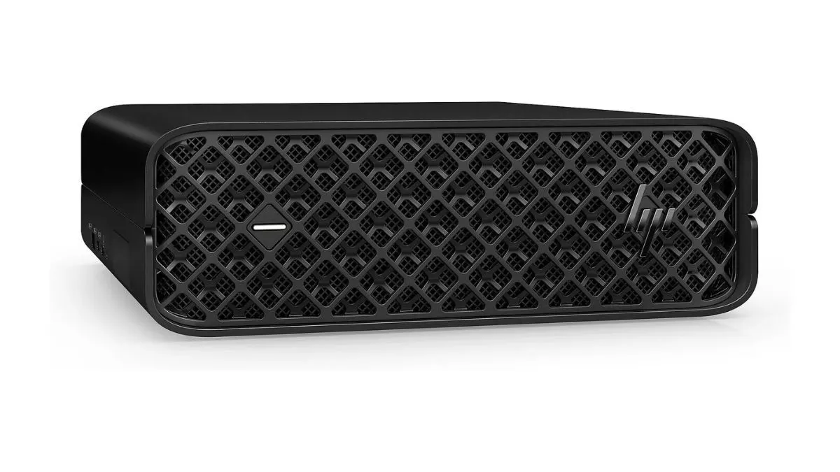 Der Mini-PC HP Z2 Mini G9 vor weißem Hintergrund.