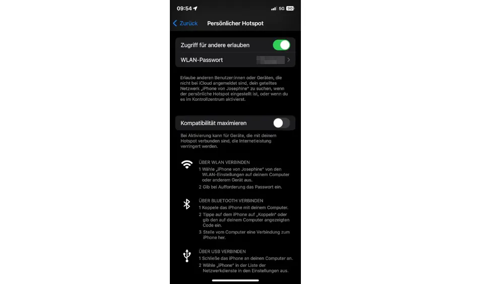 Screenshot eines iPhone-Displays mit "Persönlicher Hotspot"-Einstellungen. Optionen für WLAN, Bluetooth und USB-Verbindungen sind sichtbar.