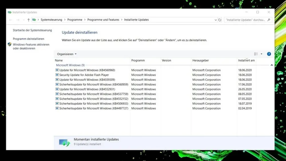 Ein Windows-Fenster zeigt die Liste der installierten Updates, sortiert nach Name, Programm, Version, Herausgeber und Installationsdatum.