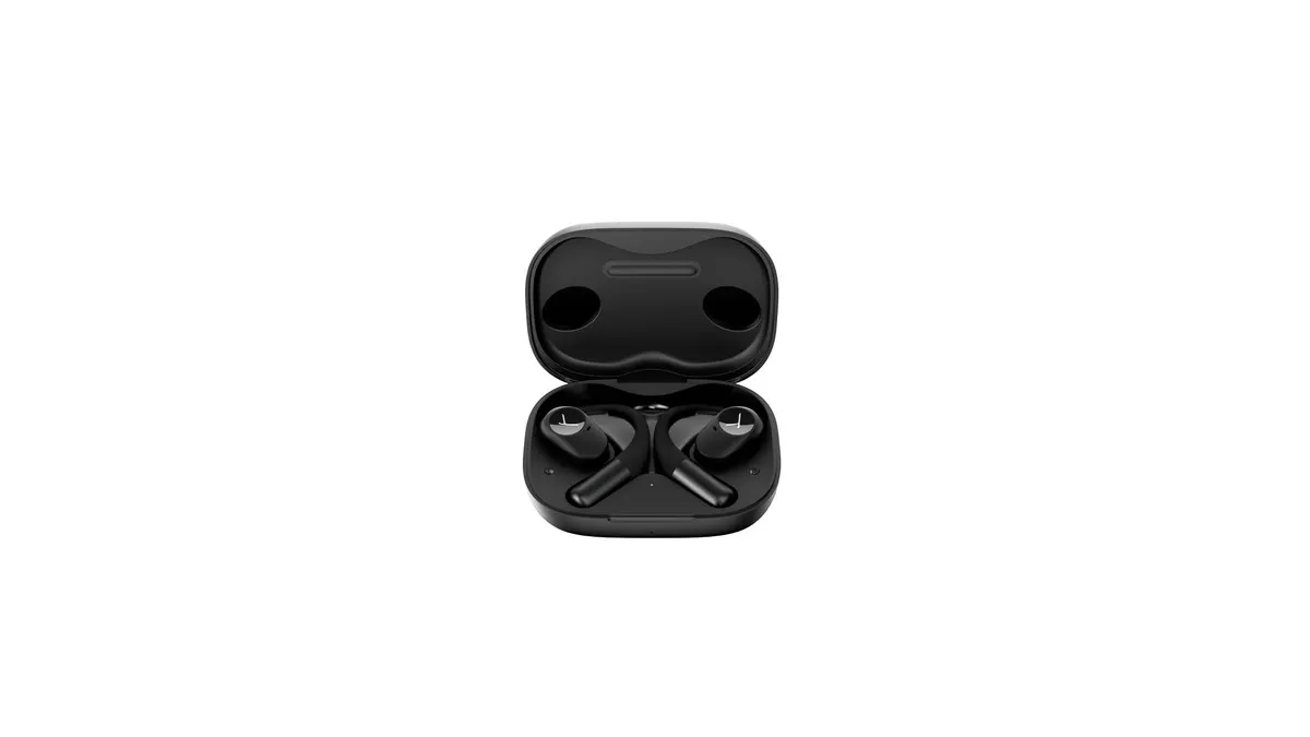 Die Open-Ear-Kopfhörer Beyerdynamic Amiron 200 in ihrem Ladecase vor weißem Hintergrund.