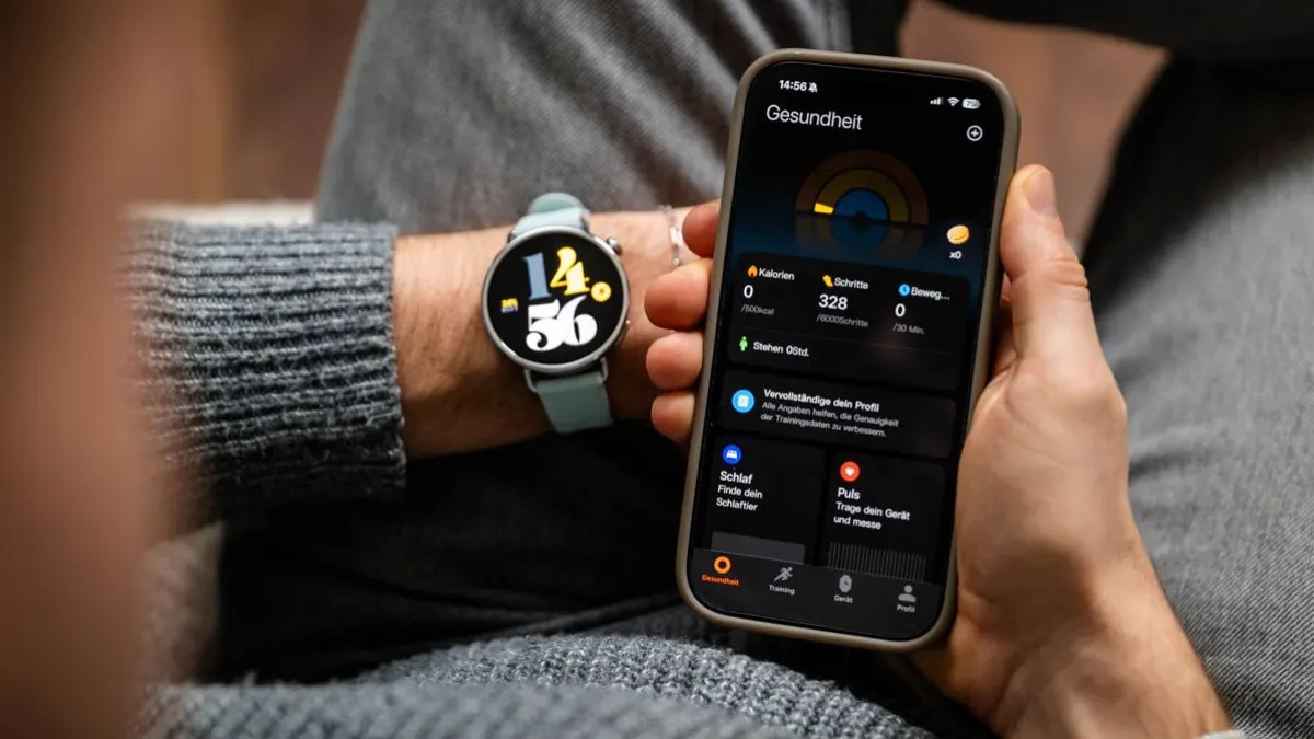 Niklas hat die App Mi Fitness auf dem iPhone geöffnet, die verschiedene Gesundheitsdaten zeigt.