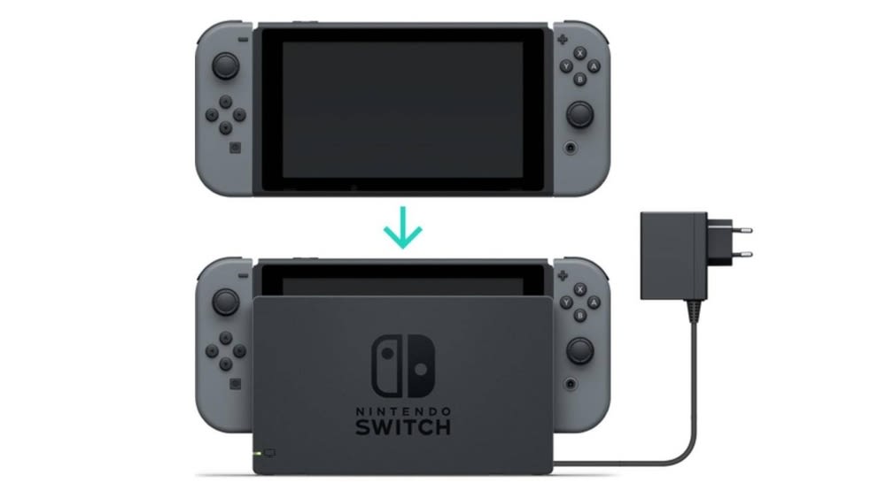 Eine Nintendo Switch in schwarz mit Netzteil