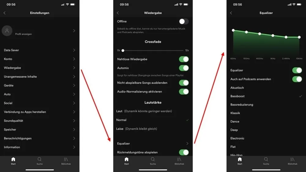 Drei Screenshots der Spotify-App zeigen Menü-Optionen wie "Einstellungen", "Wiedergabe" und "Equalizer" auf dunklem Hintergrund.