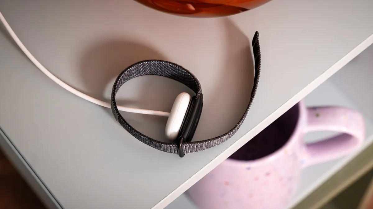 Das Fitbit Air ist am weißen Ladekabel angeschlossen und liegt auf einem Regal.