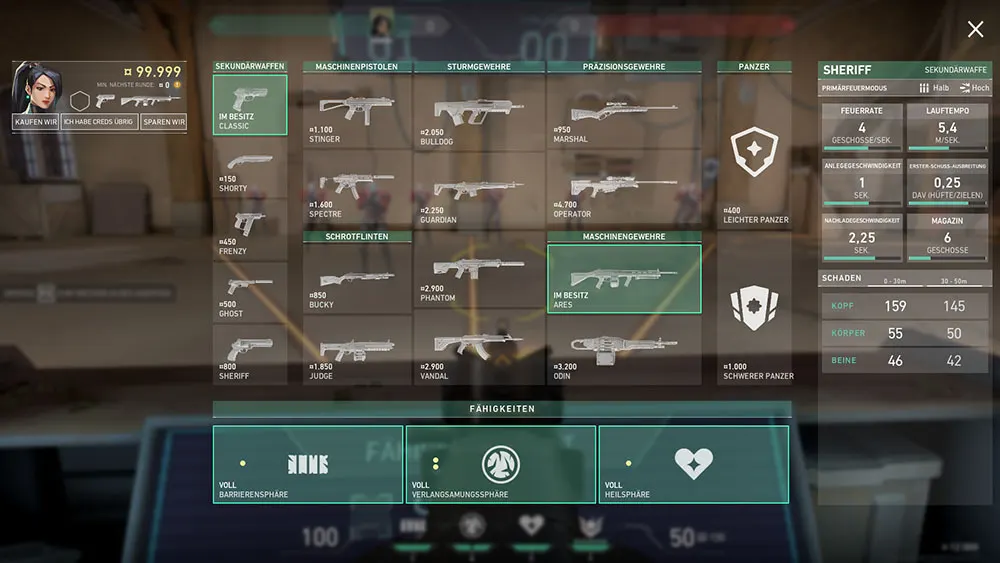Ein Valorant-Spielfenster zeigt Waffen, Panzer und Fähigkeiten mit zugehörigen Kosten und Statistiken. Verschiedene Waffen sind aufgelistet.
