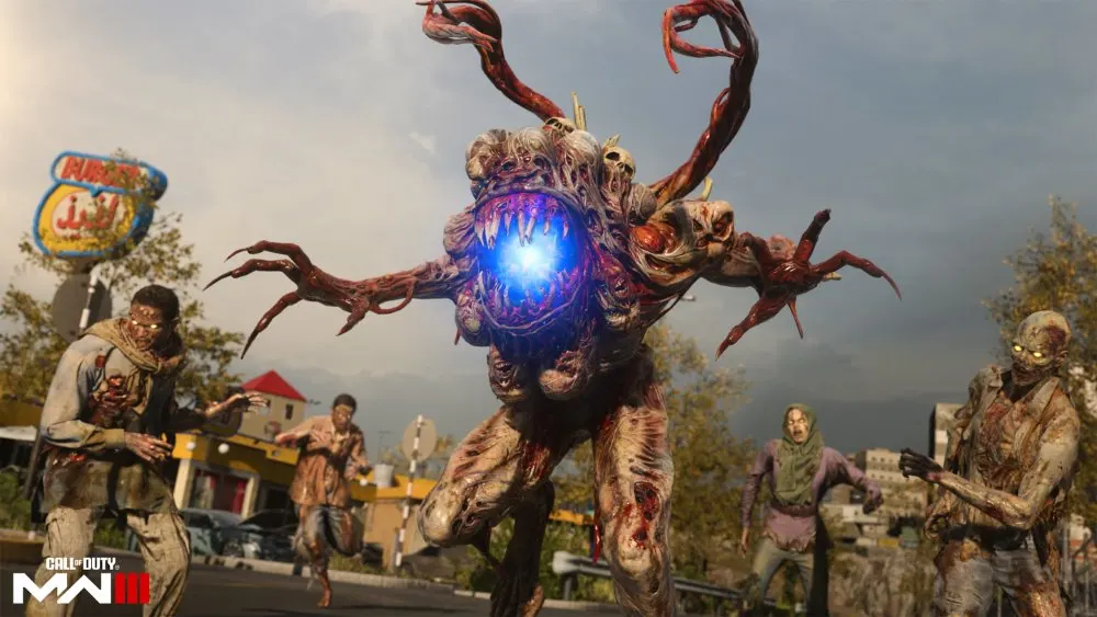 Monster mit Tentakeln und Zähnen, umgeben von Zombies in einer Stadt. Ein blaues Licht leuchtet aus dem Maul des Monsters.