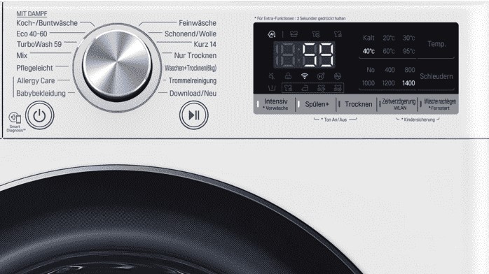 Mașină de spălat cu uscător LG V5WD961 cu afișaj LED clar, roată de programe din oțel inoxidabil și multe programe utile