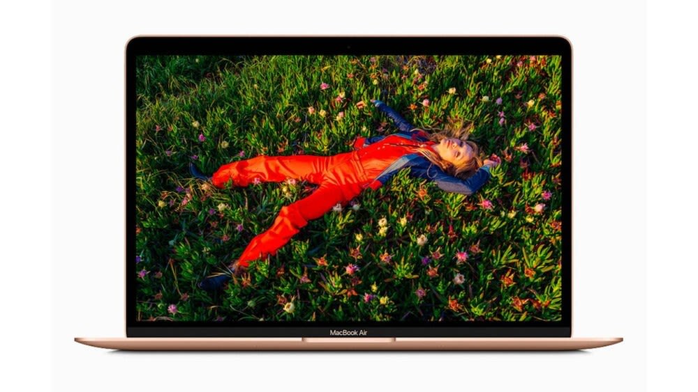 MacBook Bildschirm zeigt Frau liegend auf einer Wiese 