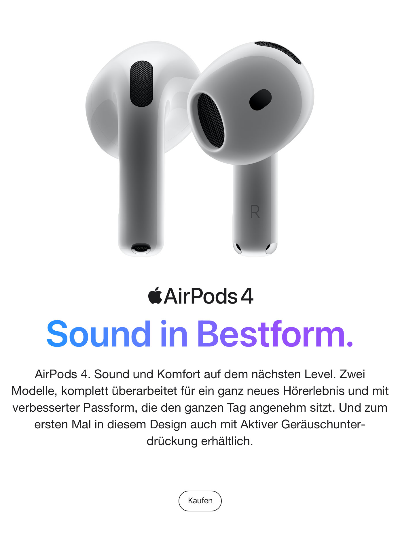 APPLE AirPods 4 mit Aktiver Geräuschunterdrückung, In-ear Kopfhörer  Bluetooth Weiß