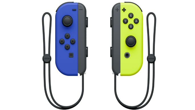 Zwei Nintendo Switch Joy Con Controller in blau und gelb