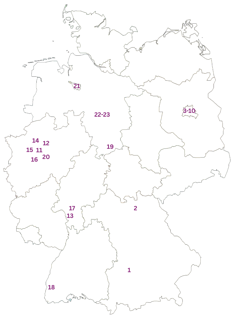 Deutschlandkarte mit nummerierten Standorten (1-23) vor einem weißen Hintergrund.