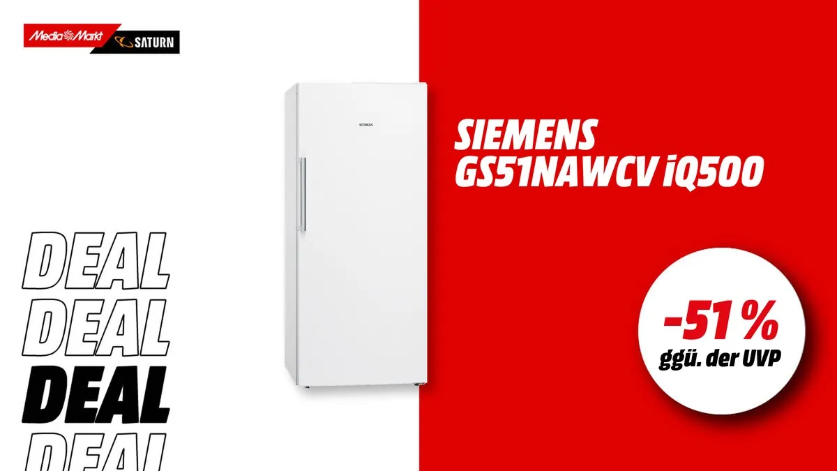 Siemens GS51NAWCV Gefrierschrank iQ500 in Weiß, 290 Liter, 1610 mm hoch, aktuell mit -51 % (ggü. der UVP) reduziert.