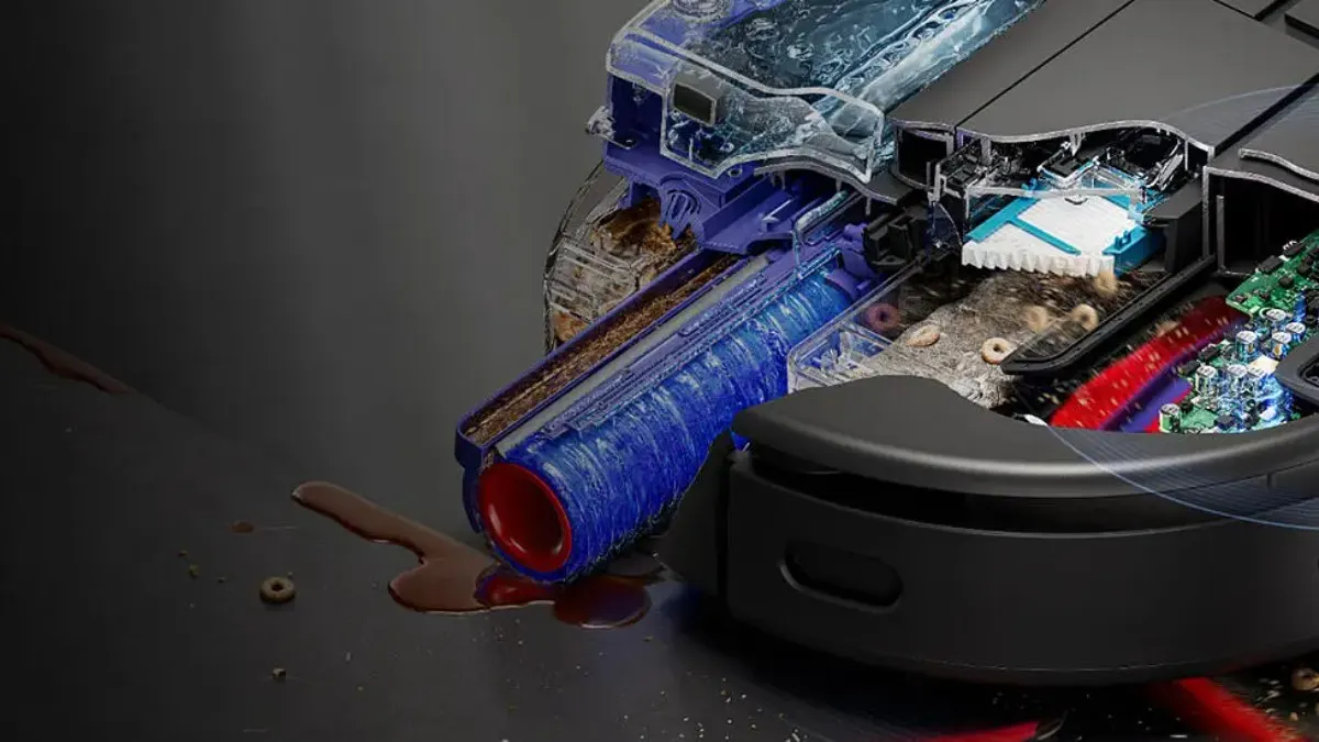 Die Walze des Dyson Spot+Scrub Ai wird permanent mit Wasser versorgt.