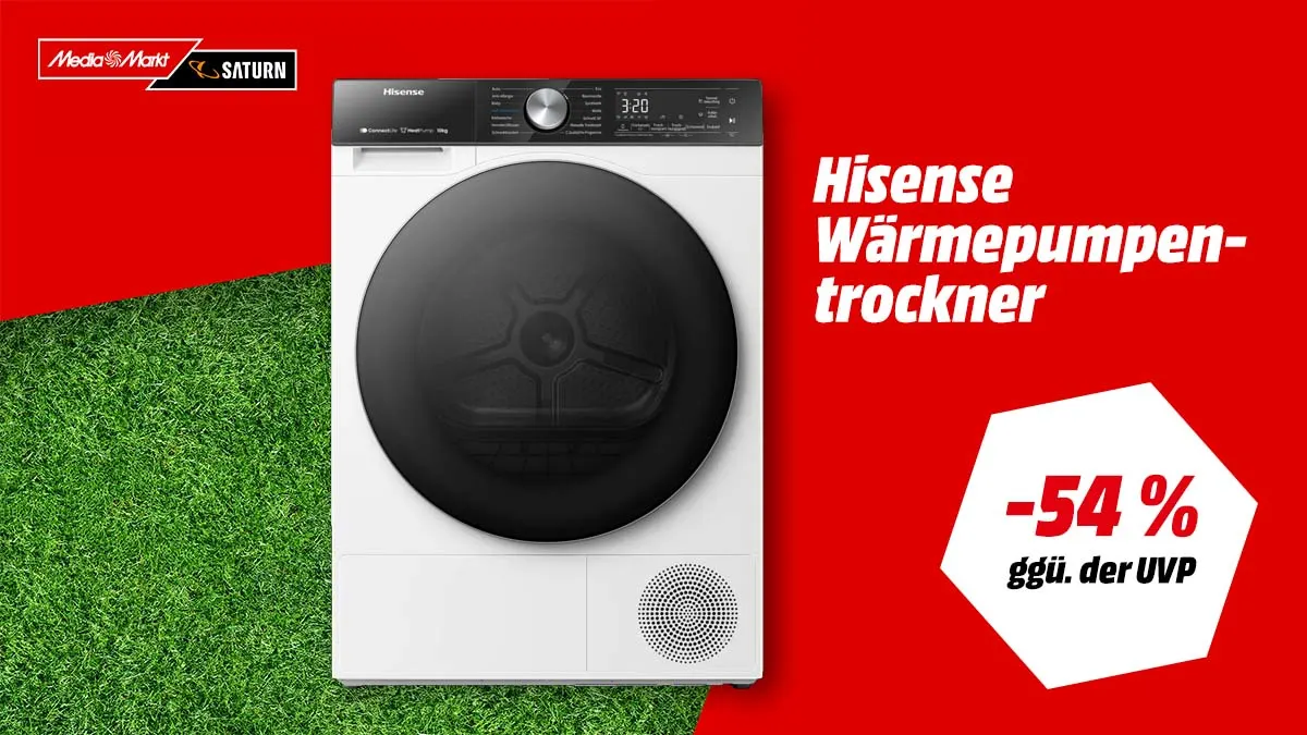 Der HISENSE DH5S102BW Wärmepumpentrockner und Hinweis auf Aktionspreis bei MediaMarkt.