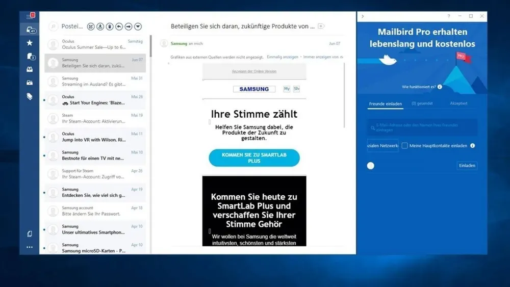 Screenshots einer E-Mail-Anwendung mit Samsung- und Mailbird-Werbung auf blauem Hintergrund. Verschiedene App-Symbole links. Text in Deutsch.