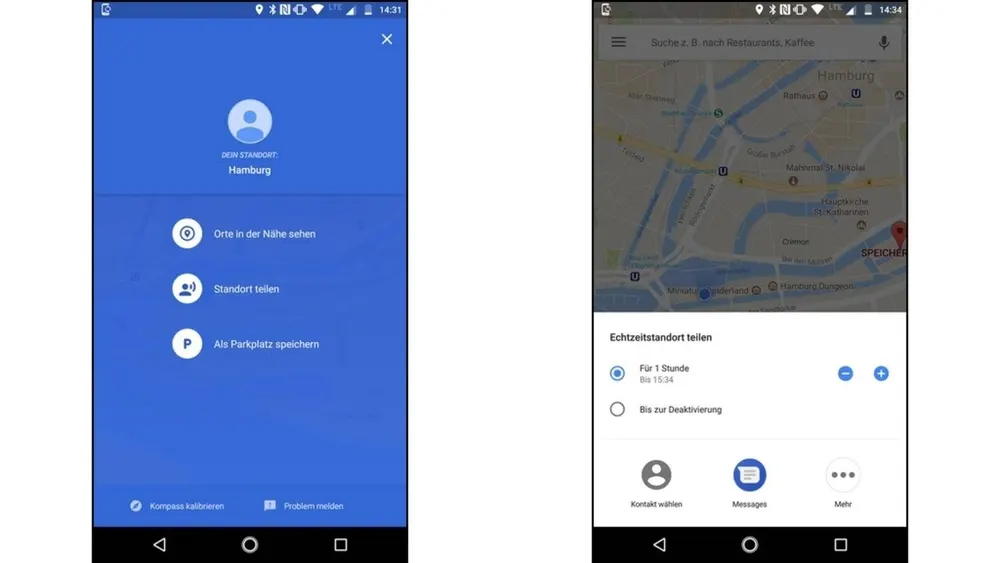 Zwei Smartphone-Screenshots zeigen Standortoptionen und Kartendetails in Hamburg. Menüs bieten Funktionen wie Standortfreigabe.