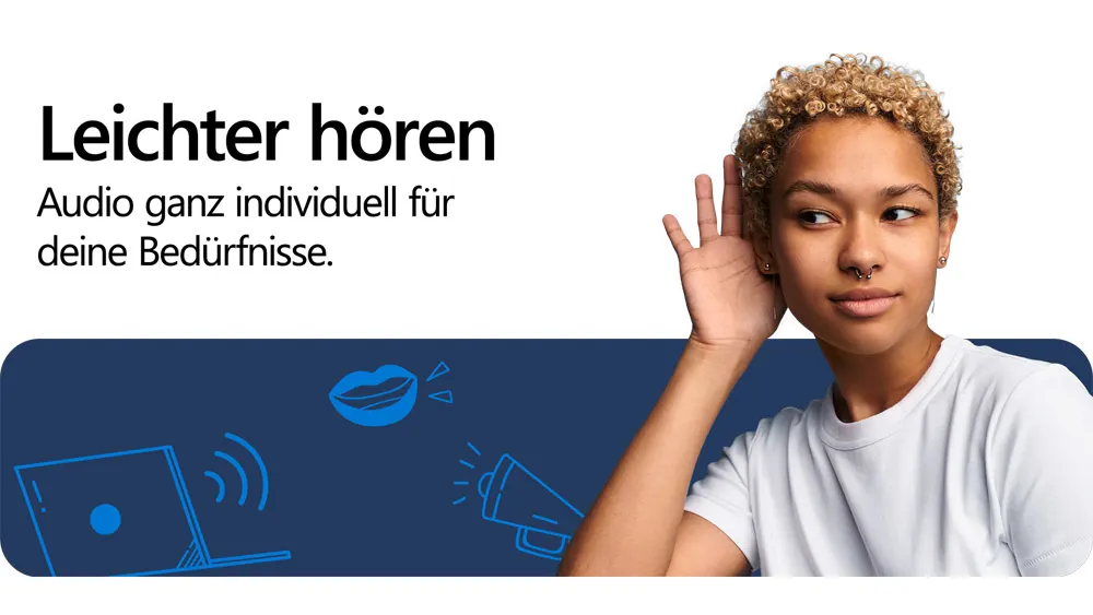 Frau mit Hand am Ohr, weiβes T-Shirt. Laptop, Mund und Megafon-Symbole auf blauem Feld. "Leichter hören"-Text.