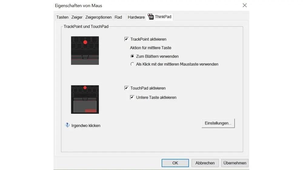 Dialogfenster "Eigenschaften von Maus" mit Optionen für TrackPoint und TouchPad, inklusive Aktivierungsfelder und Einstellungen.